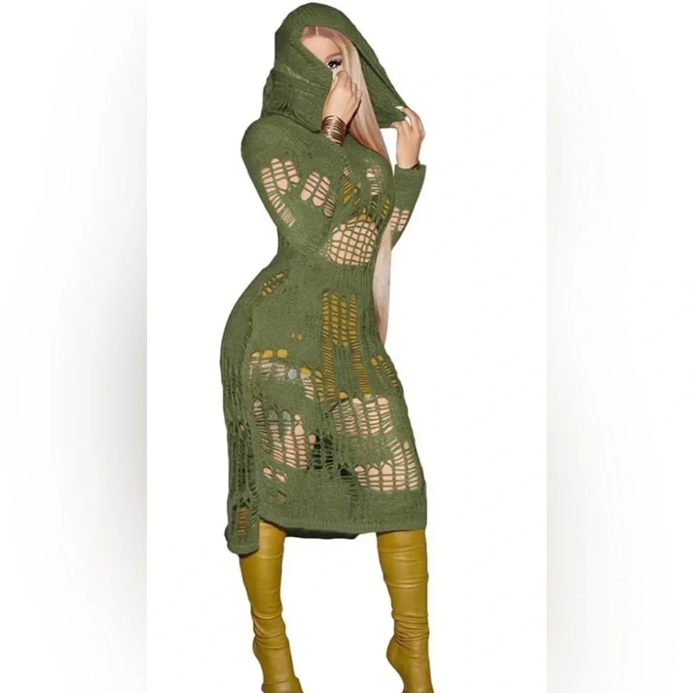 Distressed Pullover HOODIE Sweater Dresses